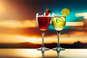 two glasses of cocktails with colorful drinks on a table. AI-Generated photo