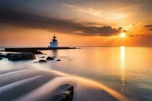 un faro es visto en el puesta de sol terminado el agua. generado por ai foto