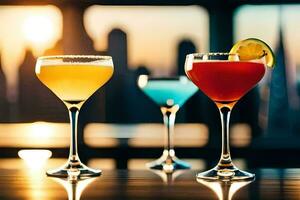 three different cocktails are shown on a table. AI-Generated photo