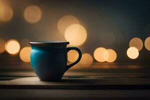 a blue mug on a wooden table with bokeh lights. AI-Generated photo