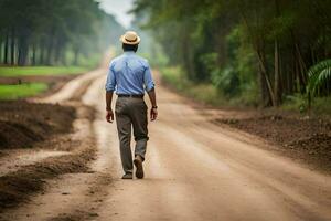 un hombre en un sombrero camina abajo un suciedad la carretera. generado por ai foto