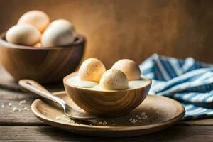 eggs in a bowl on a wooden table. AI-Generated photo