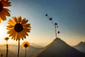 girasoles en el montañas a puesta de sol. generado por ai foto