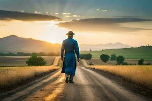 un hombre en un azul traje camina abajo un suciedad la carretera. generado por ai foto