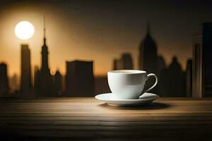 a cup of coffee on a table in front of a cityscape. AI-Generated photo