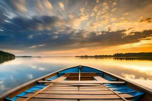 un barco en el calma agua a puesta de sol. generado por ai foto