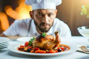 un cocinero es preparando un pollo en un lámina. generado por ai foto