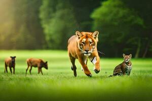 un Tigre y un gato corriendo mediante un campo. generado por ai foto