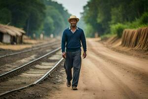 a man in a hat walks along a dirt road. AI-Generated photo