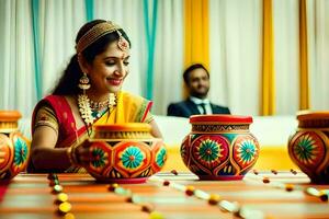 a woman in traditional indian attire sits at a table with colorful pots. AI-Generated photo