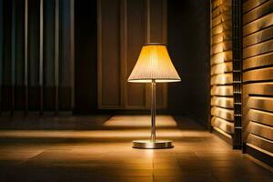un lámpara es sentado en un de madera piso. generado por ai foto