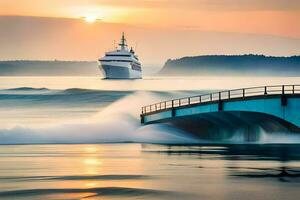 un crucero Embarcacion en el Oceano a puesta de sol. generado por ai foto