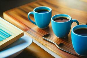 Tres azul tazas de café en un de madera bandeja. generado por ai foto