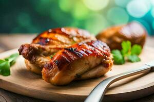 chicken on a wooden cutting board with a knife. AI-Generated photo