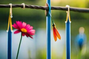 a flower is hanging from a blue wire. AI-Generated photo