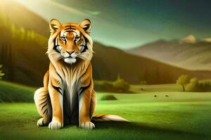 a tiger sitting in the grass with mountains in the background. AI-Generated photo