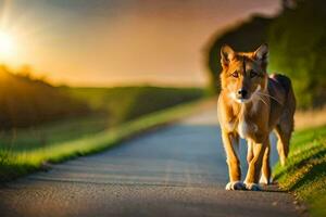 a dog walking down a road at sunset. AI-Generated photo