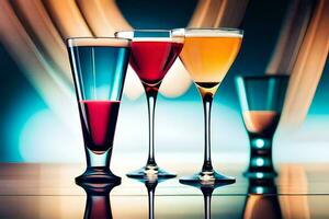 three glasses of different colored drinks are shown. AI-Generated photo