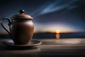 un café maceta en un de madera mesa con un puesta de sol en el antecedentes. generado por ai foto