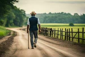 a man walking down a dirt road with a cane. AI-Generated photo