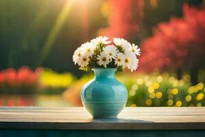 a vase with white flowers on a table in front of a lake. AI-Generated photo