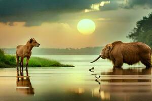 two animals standing in the water at sunset. AI-Generated photo