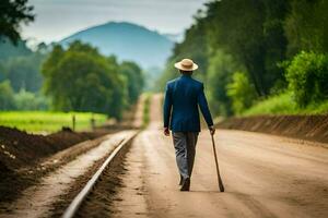 a man in a suit and hat walking down a dirt road. AI-Generated photo