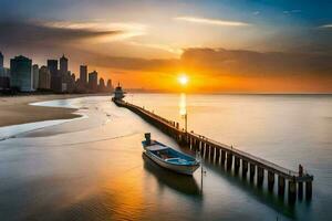 a boat sits on the beach at sunset. AI-Generated photo