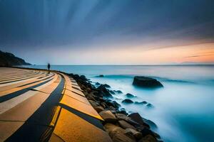 a man stands on a walkway overlooking the ocean. AI-Generated photo