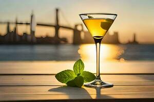a cocktail with mint leaves on the table in front of a city skyline. AI-Generated photo