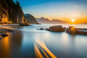 a long exposure photograph of the sun setting over a beach. AI-Generated photo