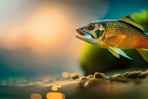 un pescado es en pie en el agua con un brillante ligero. generado por ai foto