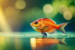 un pescado es en pie en el agua con un brillante ligero detrás él. generado por ai foto