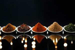 a row of different spices in bowls. AI-Generated photo