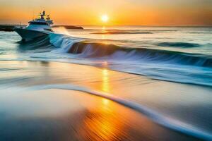 un barco es navegación en el Oceano a puesta de sol. generado por ai foto