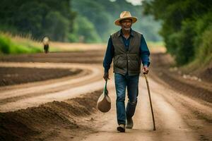 un antiguo hombre caminando abajo un suciedad la carretera con un palo. generado por ai foto