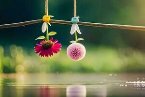 two flowers hanging from a rope over water. AI-Generated photo