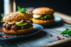 two hamburgers on black plates with a bottle of ketchup. AI-Generated photo