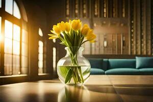 yellow tulips in a vase on a table in front of a couch. AI-Generated photo