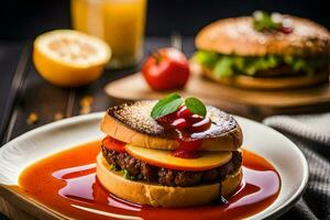 a hamburger with sauce and a slice of tomato. AI-Generated photo