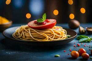 spaghetti with tomato and herbs on a dark table. AI-Generated photo