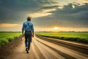 a man walking down a dirt road in front of a green field. AI-Generated photo
