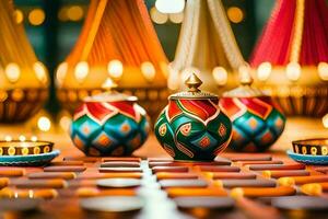 colorful diyas and candles sit on a table. AI-Generated photo