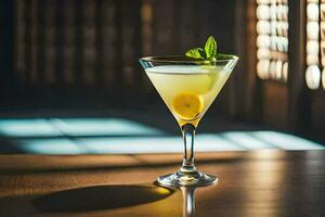 a martini with lemon and mint on a wooden table. AI-Generated photo