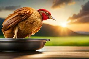 a chicken is standing on a plate with a bowl of water. AI-Generated photo