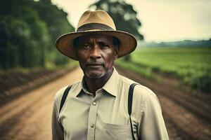a man in a hat stands in a field. AI-Generated photo