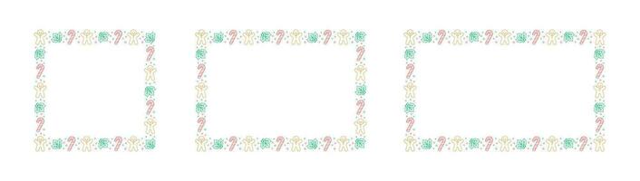 Square and Rectangle Christmas Frame Border Set. Gingerbread Cookies, Candy Cane and Mistletoe Pattern Winter Holiday Graphics. Social media post template, vector illustration.