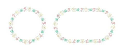 Round Christmas Frame Border set. Gingerbread Cookies, Candy Cane and Mistletoe Pattern Winter Holiday Graphics. Social media post template on white background. Vector illustration.