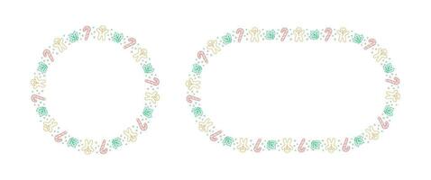 Round Christmas Frame Border set. Gingerbread Cookies, Candy Cane and Mistletoe Pattern Winter Holiday Graphics. Social media post template on white background. Vector illustration.