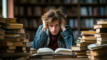 Homeless youth studying in a library background with empty space for text photo